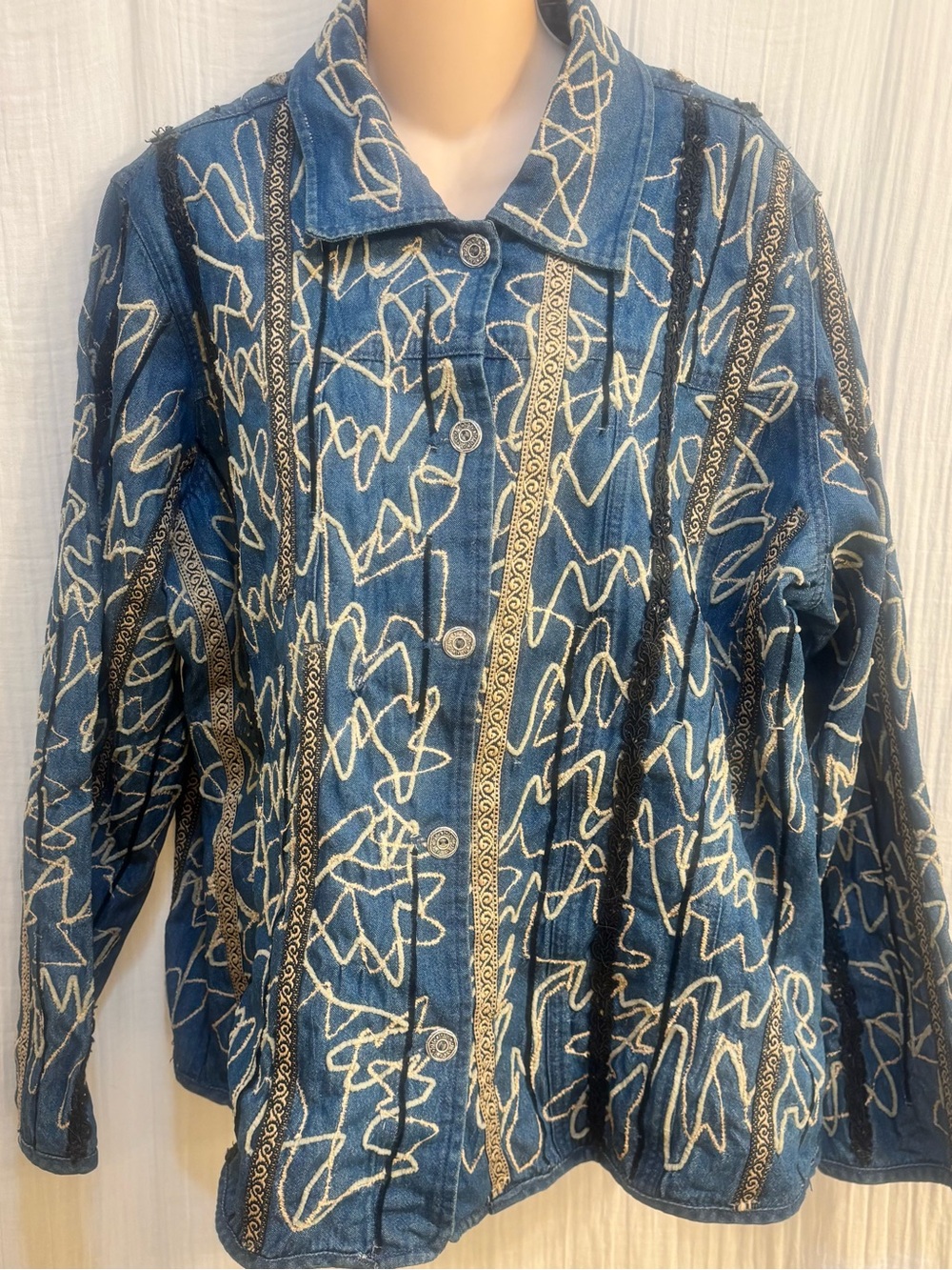 Stunning Bohemian art-to-wear denim jacket, Coldwater Creek, Size 1X